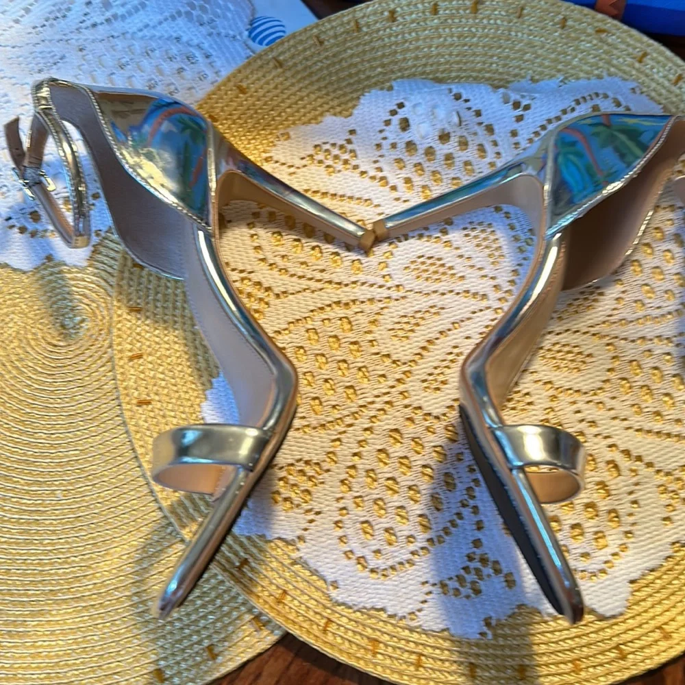 BCBGeneration size 8 dressy Silver Ankle Strap Dress Sandals - Picture 2 of 10